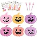 Halloween Plates and Napkins, Pastel Pumpkin Party Tableware Set, Serves 24 | Cute pumpkin plates with forks and napkins for Halloween parties, birthday, classroom events and fall celebrations