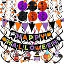 Happy Halloween Banner Paper Triangle Flag Bunting Circle Confetti Dots Hanging Garland Honeycomb Ball Swirl Streamers for Halloween Party Decorations