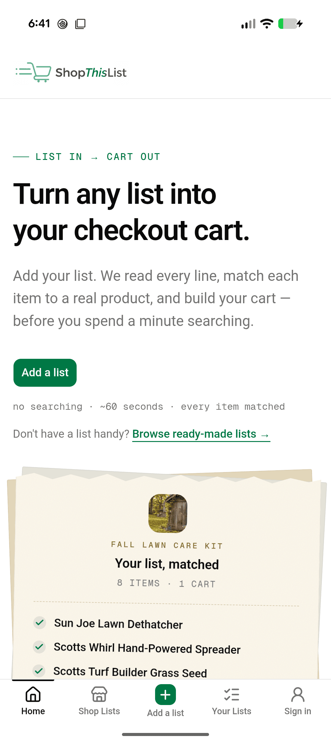 The ShopThisList app home screen