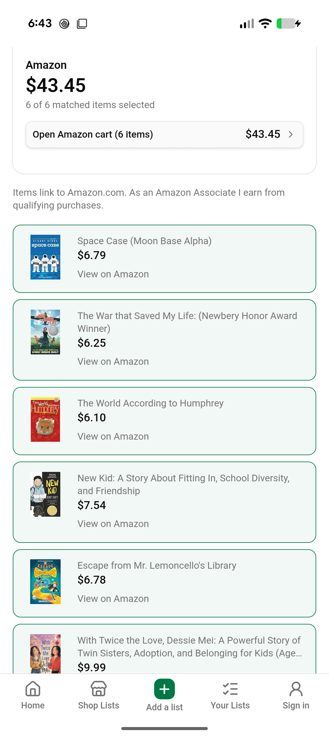 A matched list in the ShopThisList app, with an Open Amazon cart button